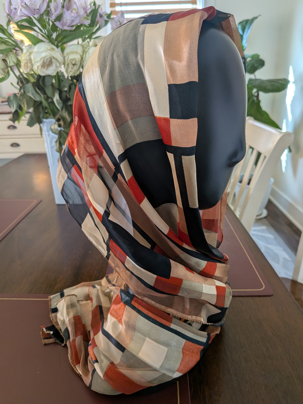 Geometric Pattern Lightweight Scarf in Black, Tan & Rust
